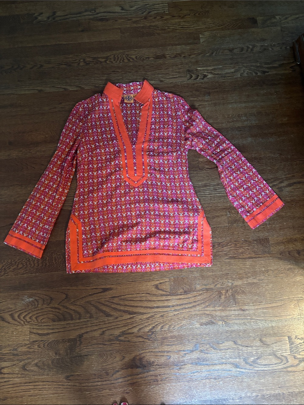 Tory Burch Red-Orange Printed Tunic with Contrast Trim